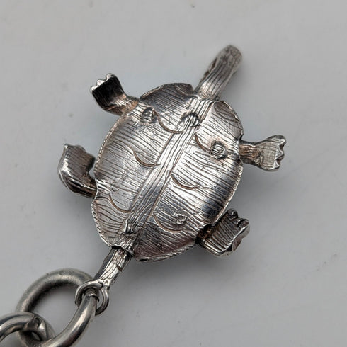Circa 1900 British antique sterling silver super thick Albert chain 71g turtle charm fob